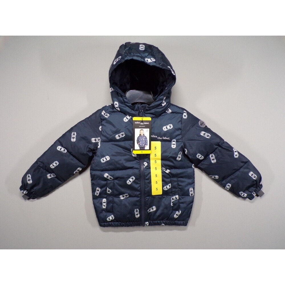 Miles the Label Kids Hooded Puffer Jacket Navy Car Print Size 5 NWT